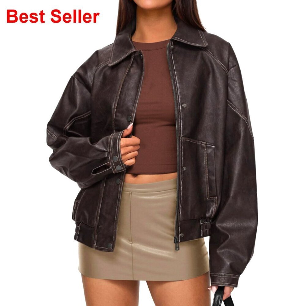 Faux Leather Bomber Jacket Women Oversized Moto Biker Zip Up
